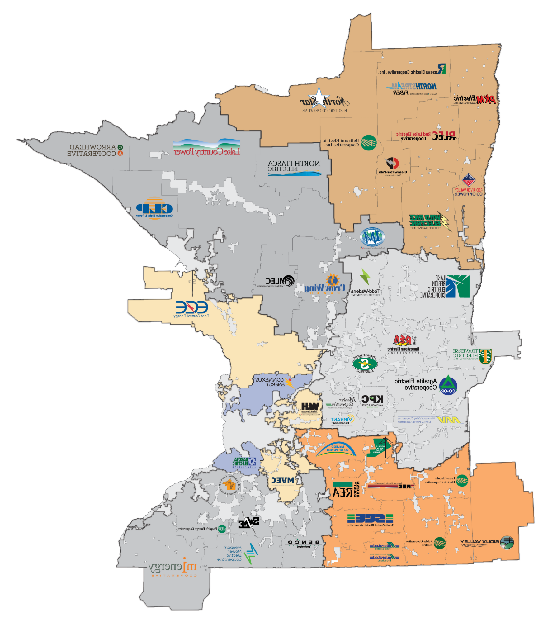 带有合作标志和地区线的明尼苏达州地图
